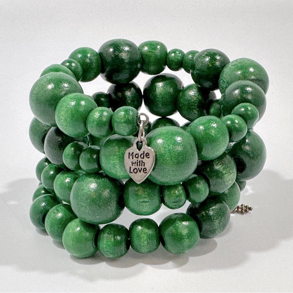 Green Beaded Made With Love Heart Charm Wrap Bracelet Natural Granola Bohemian